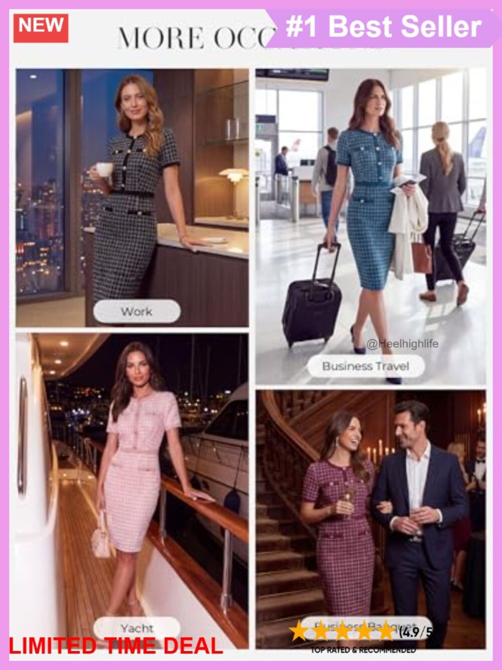 Women Work Business Short Sleeve Bodycon Tweed Dress - Picture 4 of 5